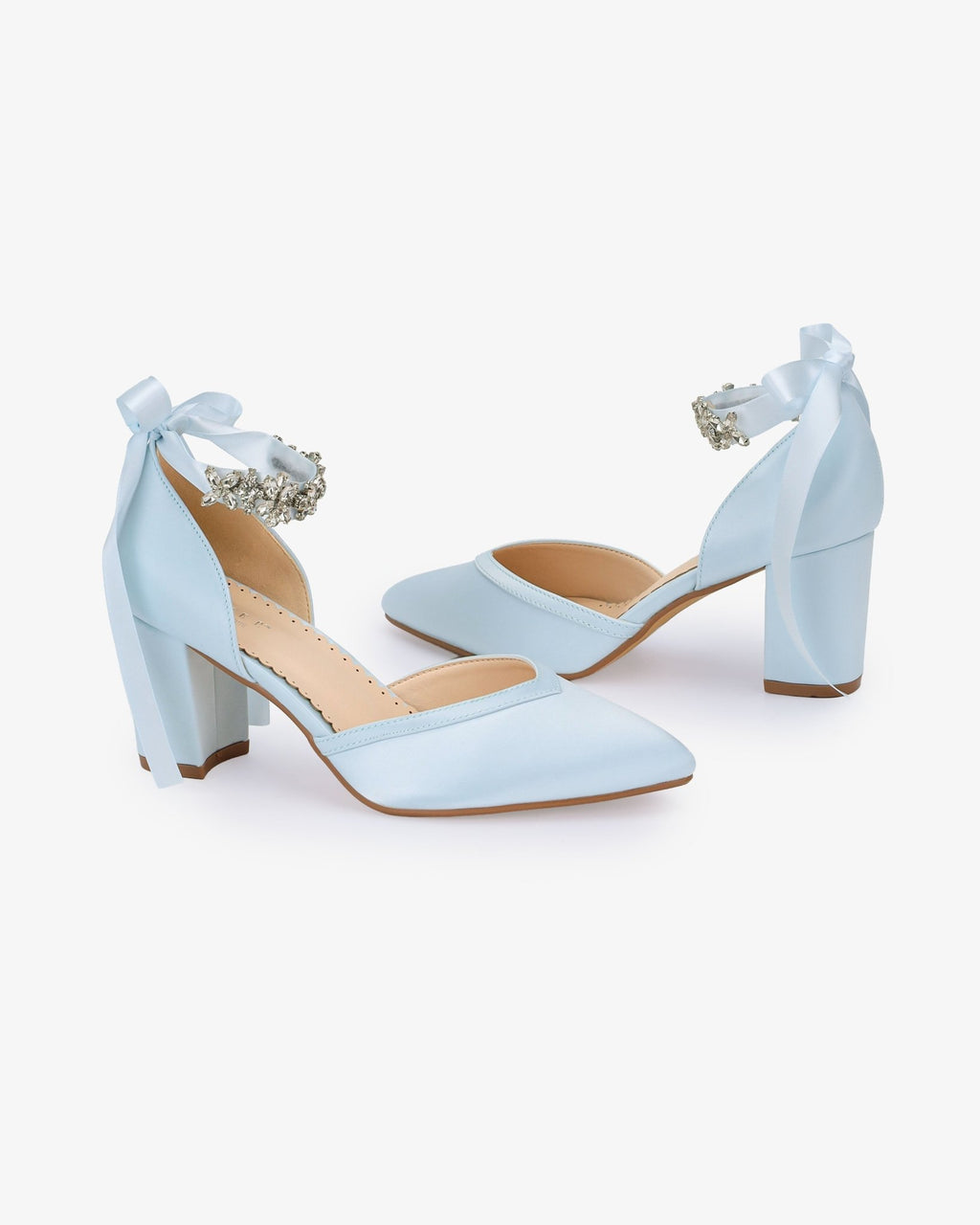 Satin Block Heels Wedding Shoes with Floral Rhinestones Ankle Strap - Luzilly Bridal & Apparel