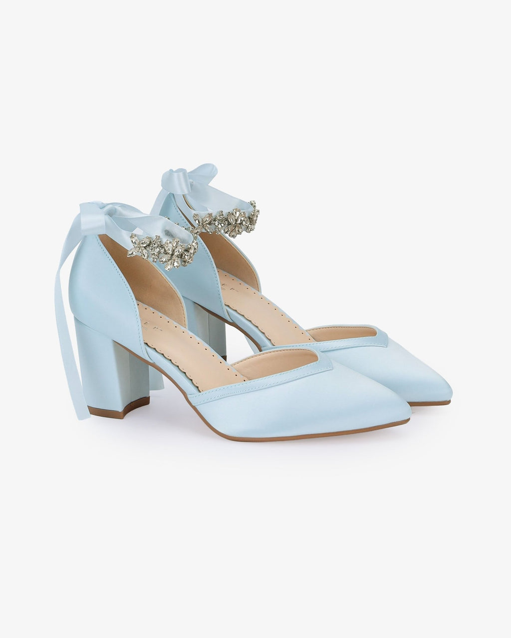 Satin Block Heels Wedding Shoes with Floral Rhinestones Ankle Strap - Luzilly Bridal & Apparel