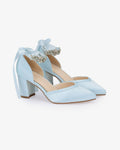 Satin Block Heels Wedding Shoes with Floral Rhinestones Ankle Strap - Luzilly Bridal & Apparel