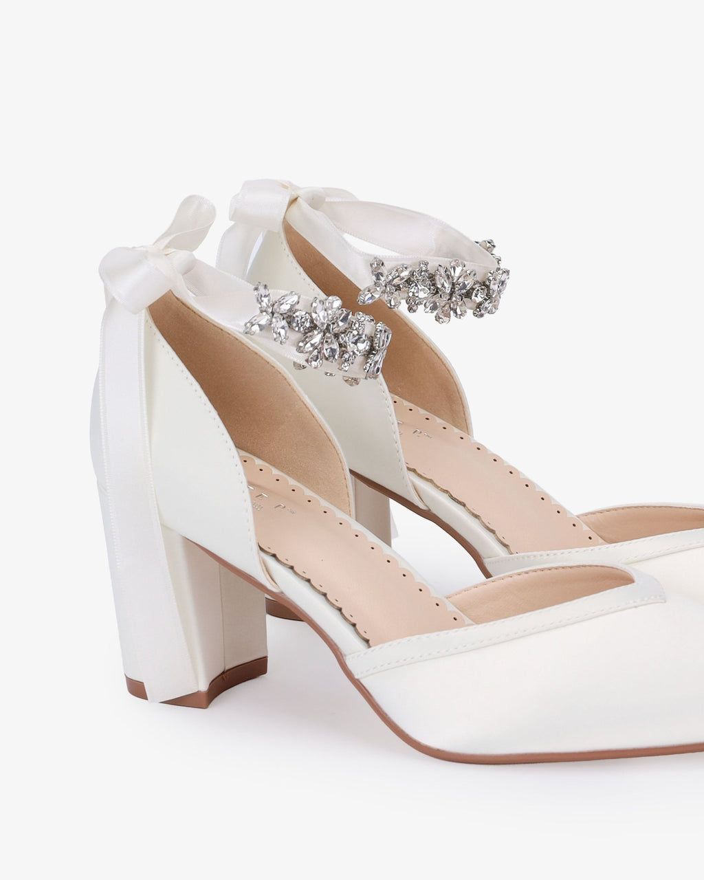 Satin Block Heels Wedding Shoes with Floral Rhinestones Ankle Strap - Luzilly Bridal & Apparel