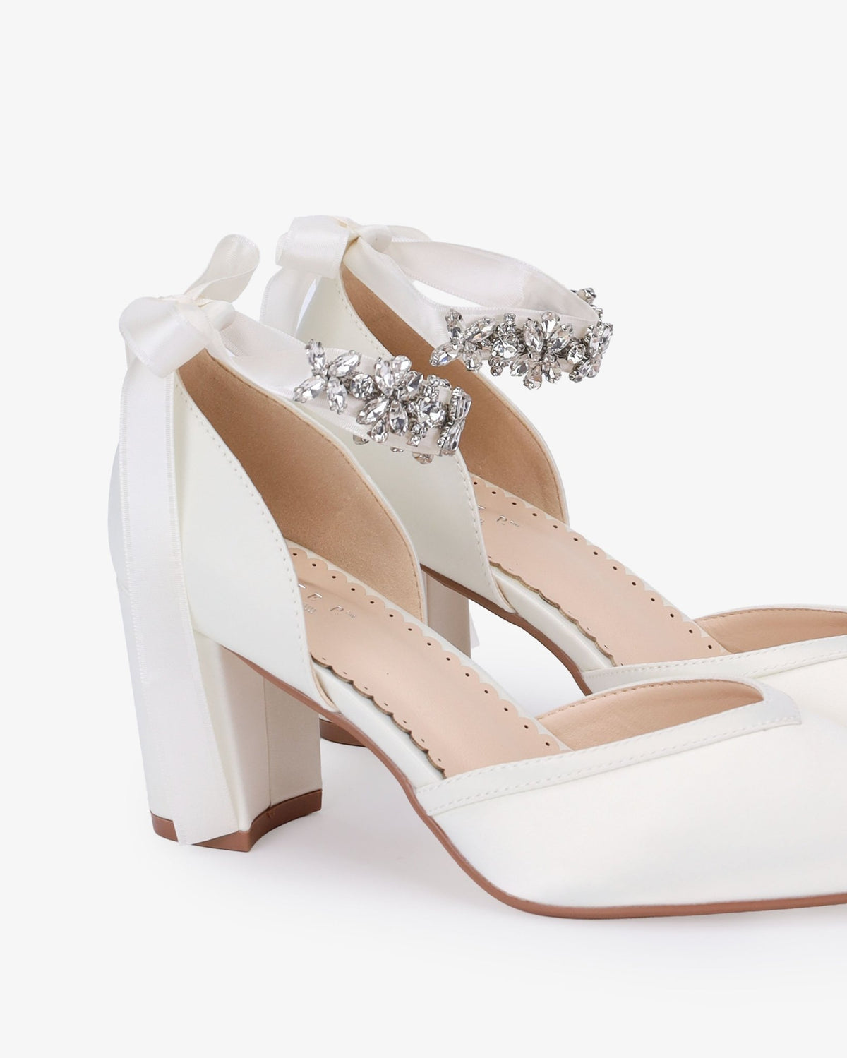 Satin Block Heels Wedding Shoes with Floral Rhinestones Ankle Strap - Luzilly Bridal & Apparel