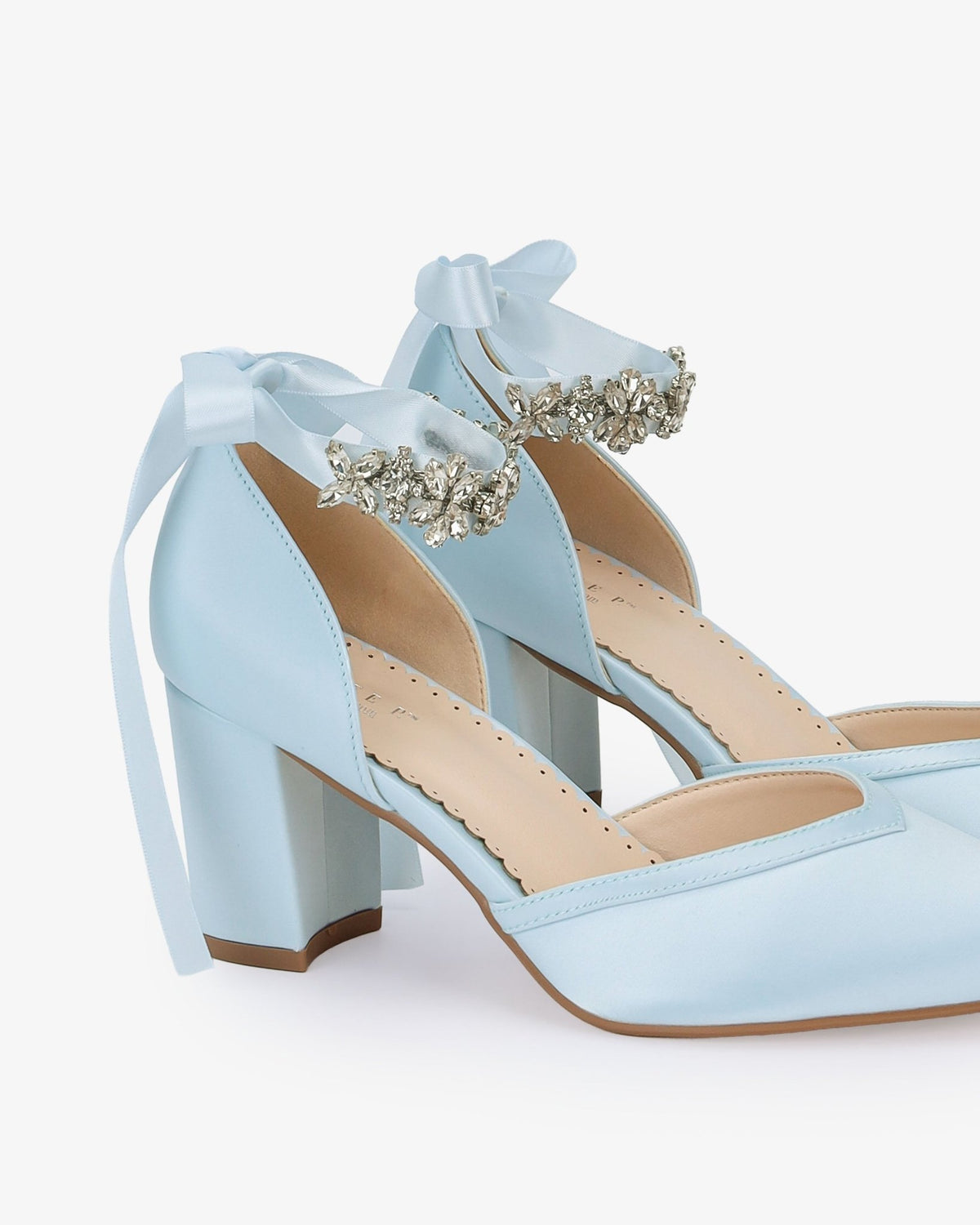 Satin Block Heels Wedding Shoes with Floral Rhinestones Ankle Strap - Luzilly Bridal & Apparel