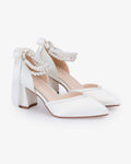 Satin Block Heels Wedding Shoes with Trinity Pearls Wrap - Luzilly Bridal & Apparel