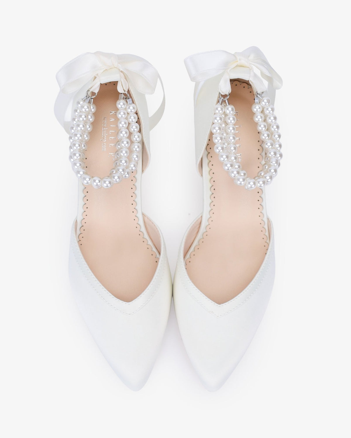 Satin Block Heels Wedding Shoes with Trinity Pearls Wrap - Luzilly Bridal & Apparel