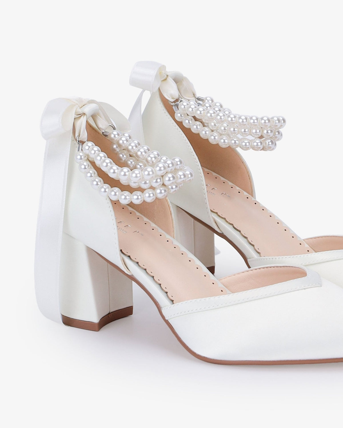 Satin Block Heels Wedding Shoes with Trinity Pearls Wrap - Luzilly Bridal & Apparel