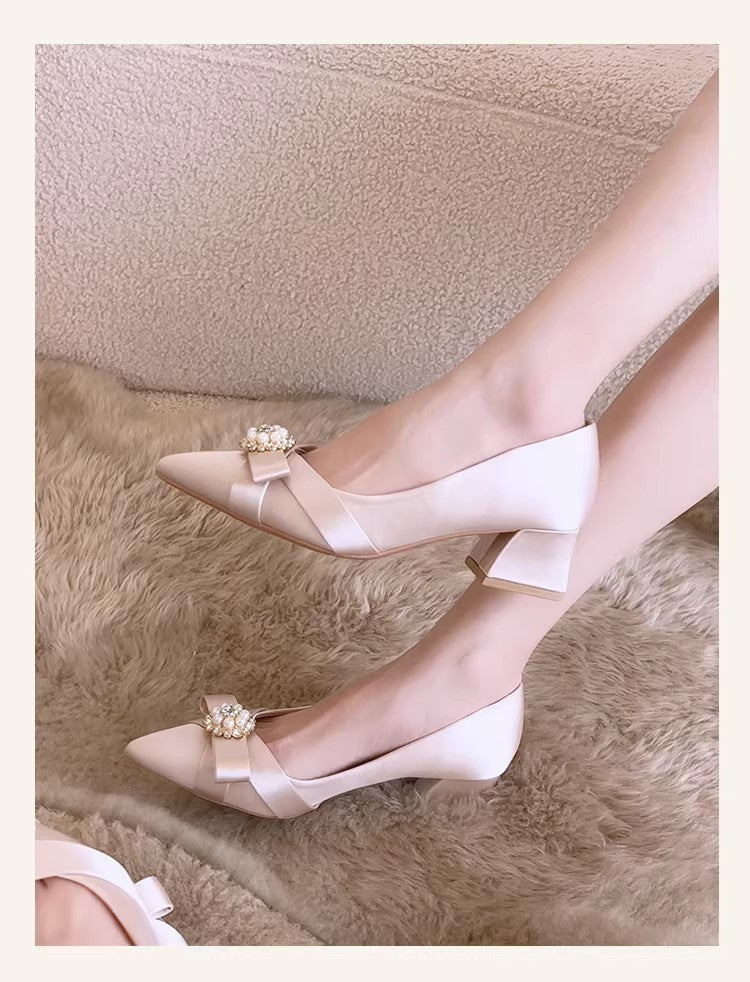 Satin Bow Pearl Block-Heel Bridal Pumps - Luzilly Bridal & Apparel
