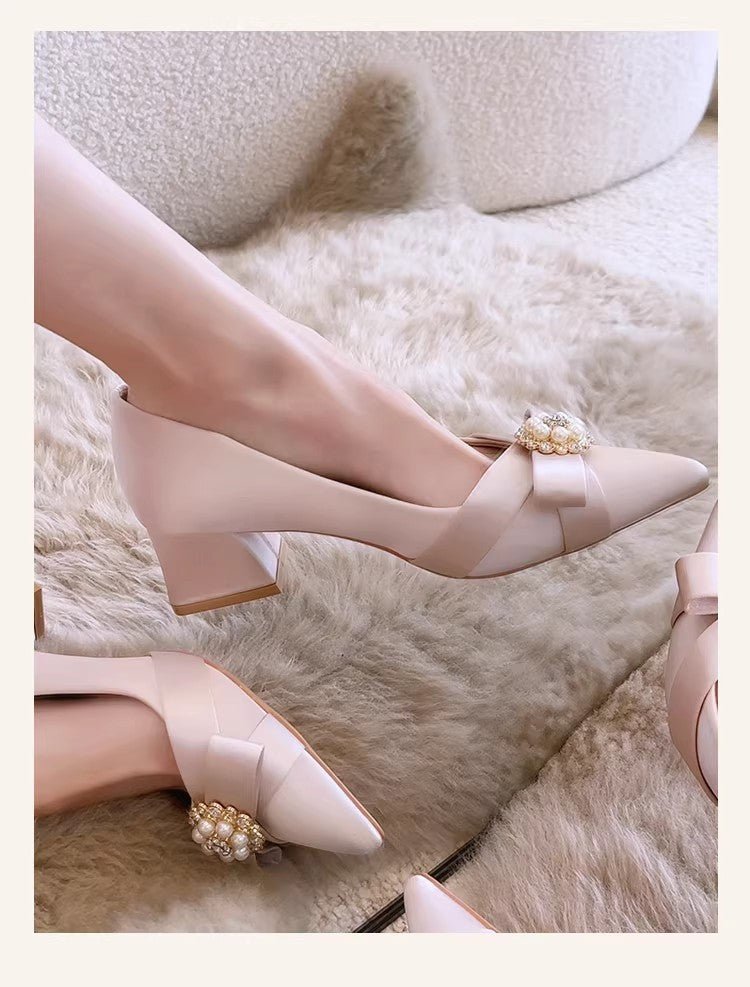 Satin Bow Pearl Block-Heel Bridal Pumps - Luzilly Bridal & Apparel