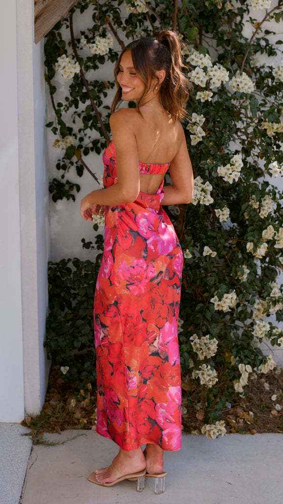 Satin Halter Backless Slit Midi Dress - Print High Neck Elastic Waist Wedding Guest Dress - Luzilly Bridal & Apparel