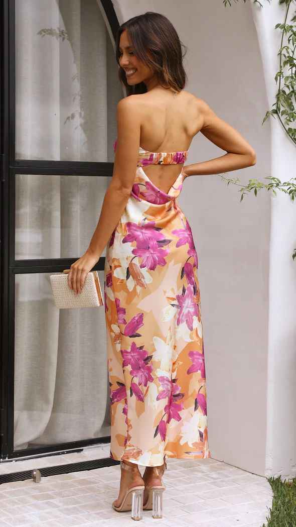 Satin Halter Backless Slit Midi Dress - Print High Neck Elastic Waist Wedding Guest Dress - Luzilly Bridal & Apparel