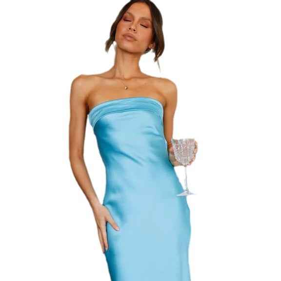Satin Halter Backless Slit Midi Dress - Print High Neck Elastic Waist Wedding Guest Dress - Luzilly Bridal & Apparel