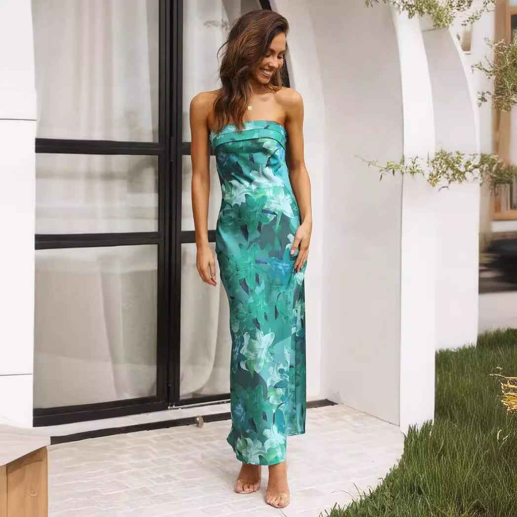 Satin Halter Backless Slit Midi Dress - Print High Neck Elastic Waist Wedding Guest Dress - Luzilly Bridal & Apparel