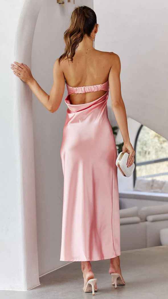 Satin Halter Backless Slit Midi Dress - Print High Neck Elastic Waist Wedding Guest Dress - Luzilly Bridal & Apparel