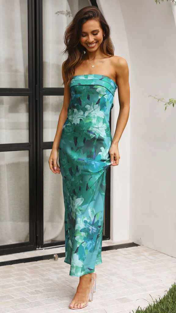 Satin Halter Backless Slit Midi Dress - Print High Neck Elastic Waist Wedding Guest Dress - Luzilly Bridal & Apparel