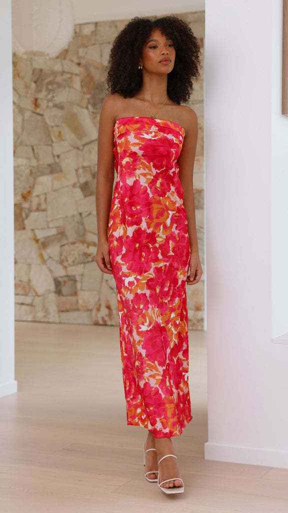 Satin Halter Backless Slit Midi Dress - Print High Neck Elastic Waist Wedding Guest Dress - Luzilly Bridal & Apparel