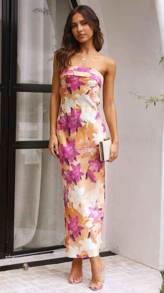 Satin Halter Backless Slit Midi Dress - Print High Neck Elastic Waist Wedding Guest Dress - Luzilly Bridal & Apparel