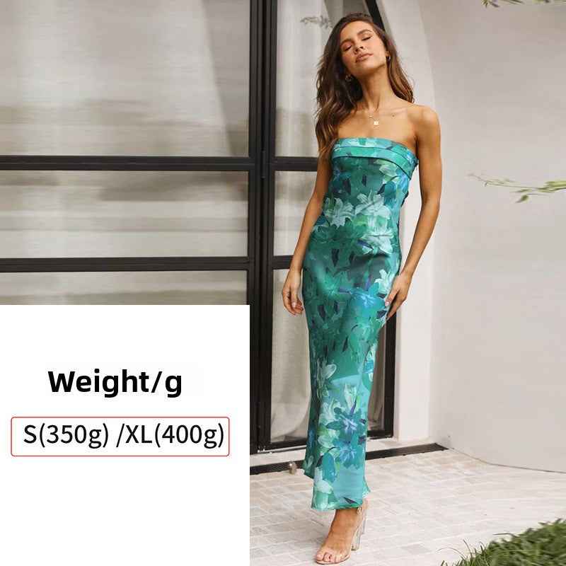 Satin Halter Backless Slit Midi Dress - Print High Neck Elastic Waist Wedding Guest Dress - Luzilly Bridal & Apparel