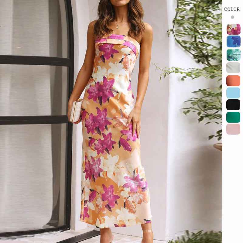 Satin Halter Backless Print Midi Dress