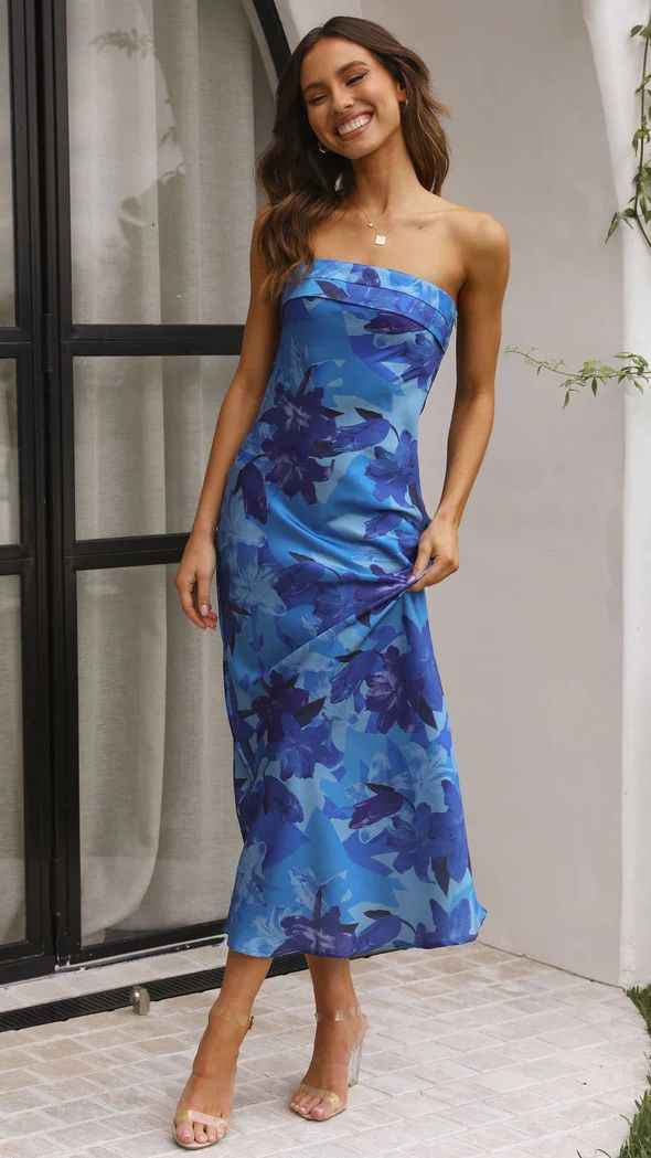 Satin Halter Backless Slit Midi Dress - Print High Neck Elastic Waist Wedding Guest Dress - Luzilly Bridal & Apparel