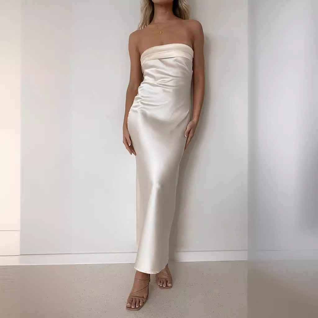 Satin Halter Backless Slit Midi Dress - Print High Neck Elastic Waist Wedding Guest Dress - Luzilly Bridal & Apparel