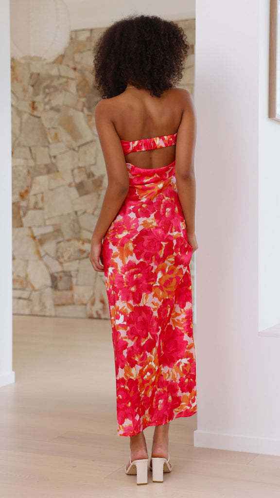 Satin Halter Backless Slit Midi Dress - Print High Neck Elastic Waist Wedding Guest Dress - Luzilly Bridal & Apparel
