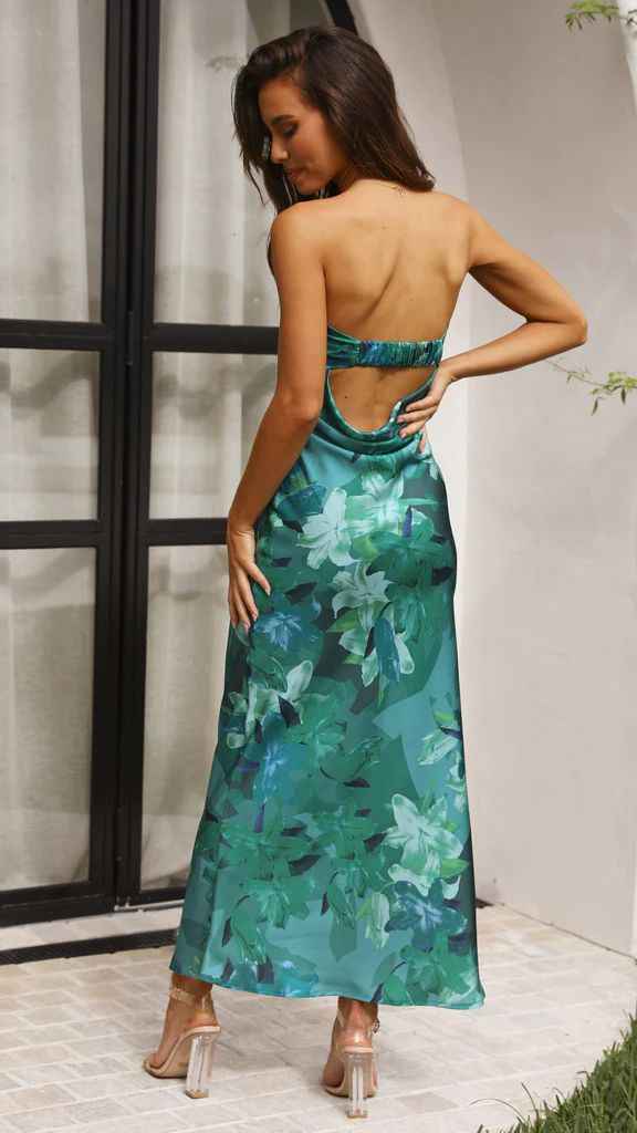 Satin Halter Backless Slit Midi Dress - Print High Neck Elastic Waist Wedding Guest Dress - Luzilly Bridal & Apparel
