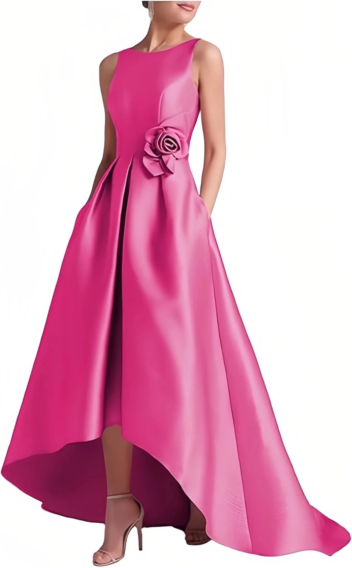 Satin Hi-Low Crew-Neck Mother of the Bride Dress with Pockets - Luzilly Bridal & Apparel