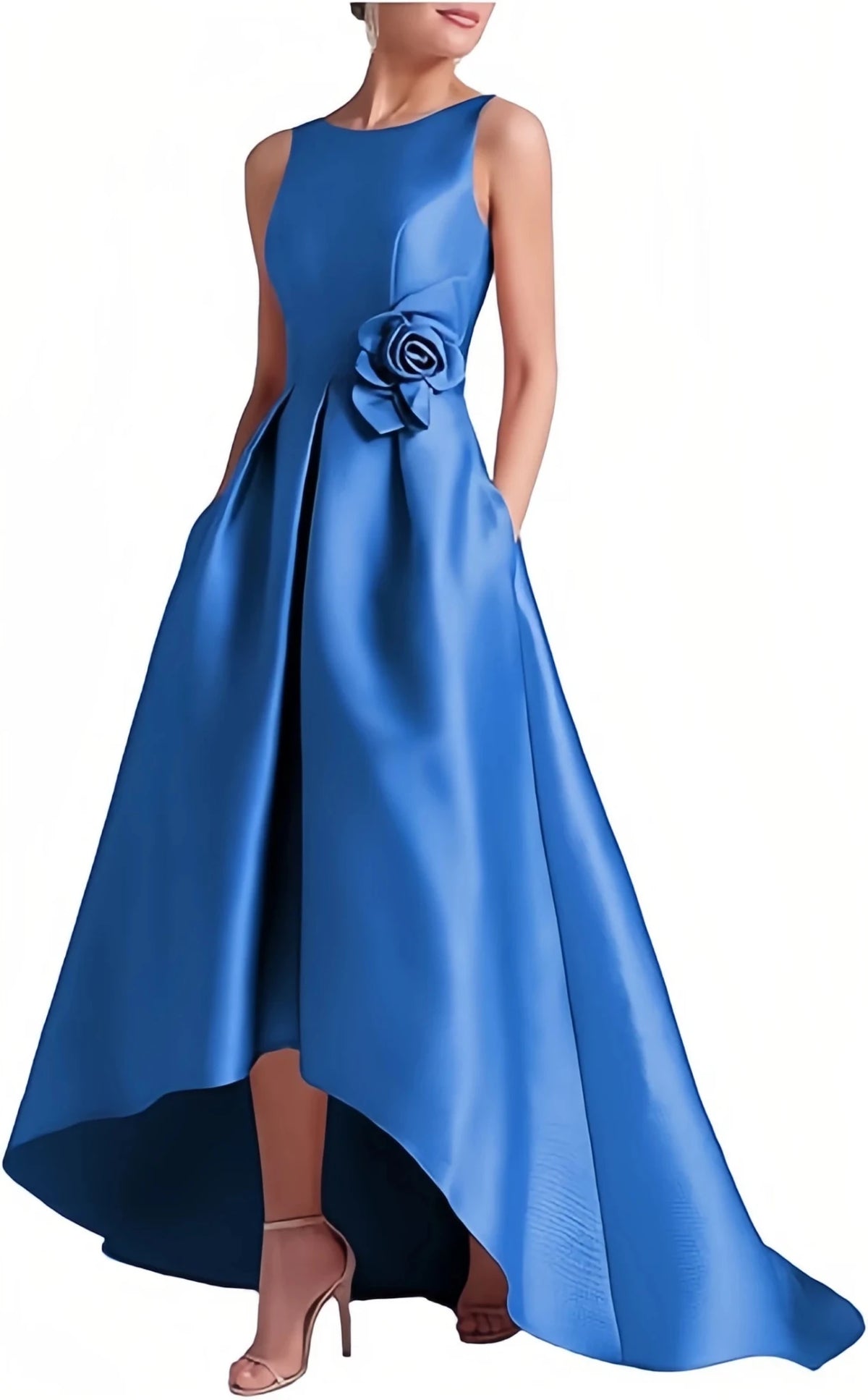 Satin Hi-Low Crew-Neck Mother of the Bride Dress with Pockets - Luzilly Bridal & Apparel