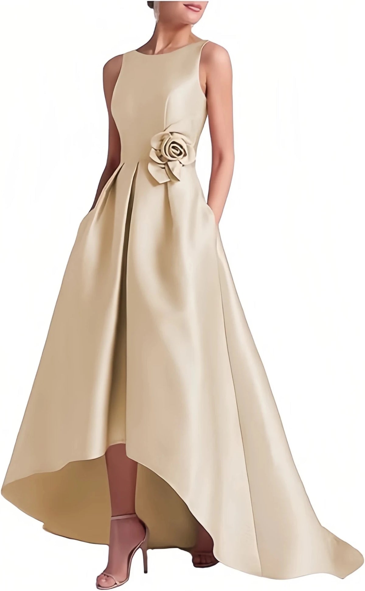 Satin Hi-Low Crew-Neck Mother of the Bride Dress with Pockets - Luzilly Bridal & Apparel