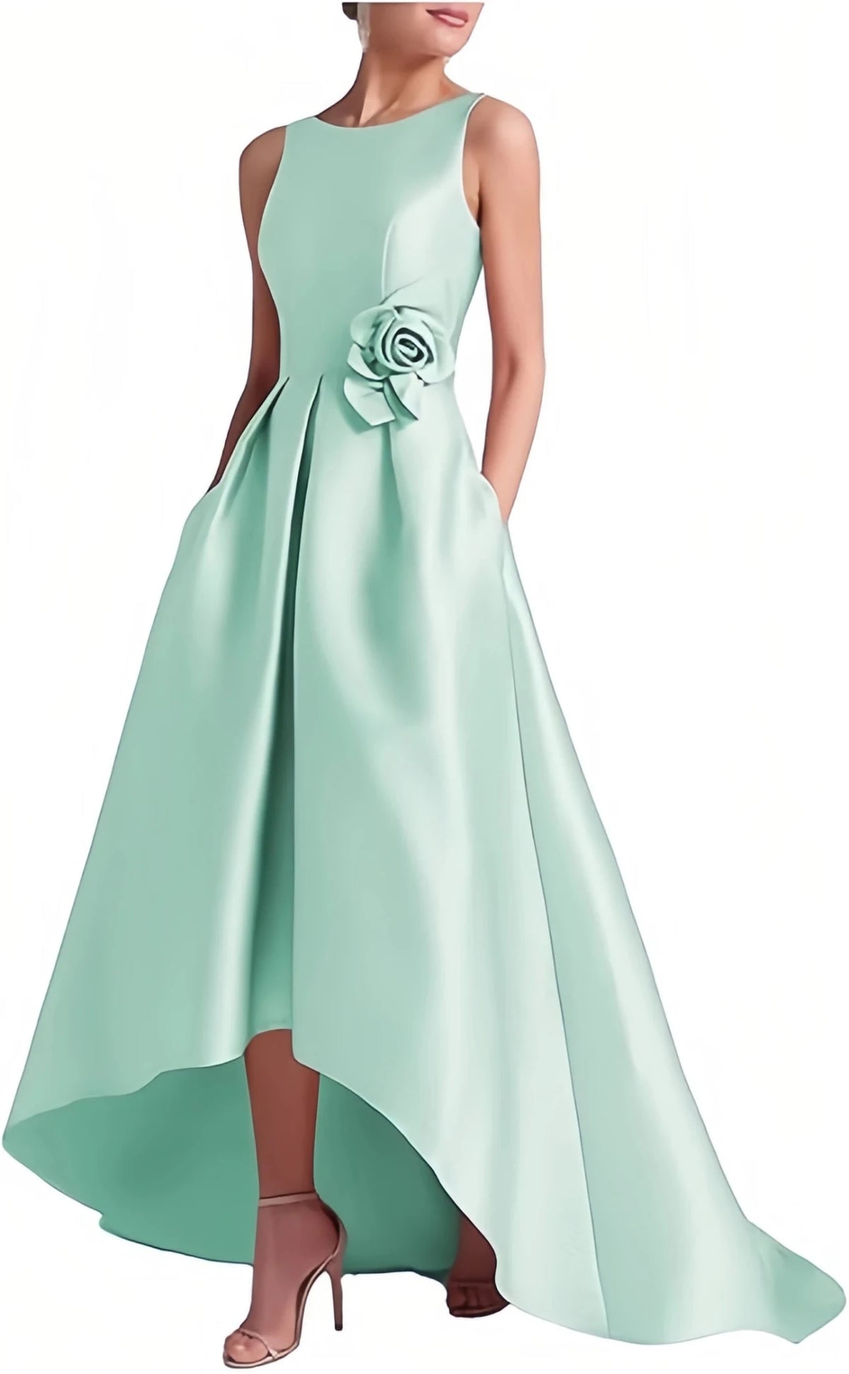 Satin Hi-Low Crew-Neck Mother of the Bride Dress with Pockets - Luzilly Bridal & Apparel