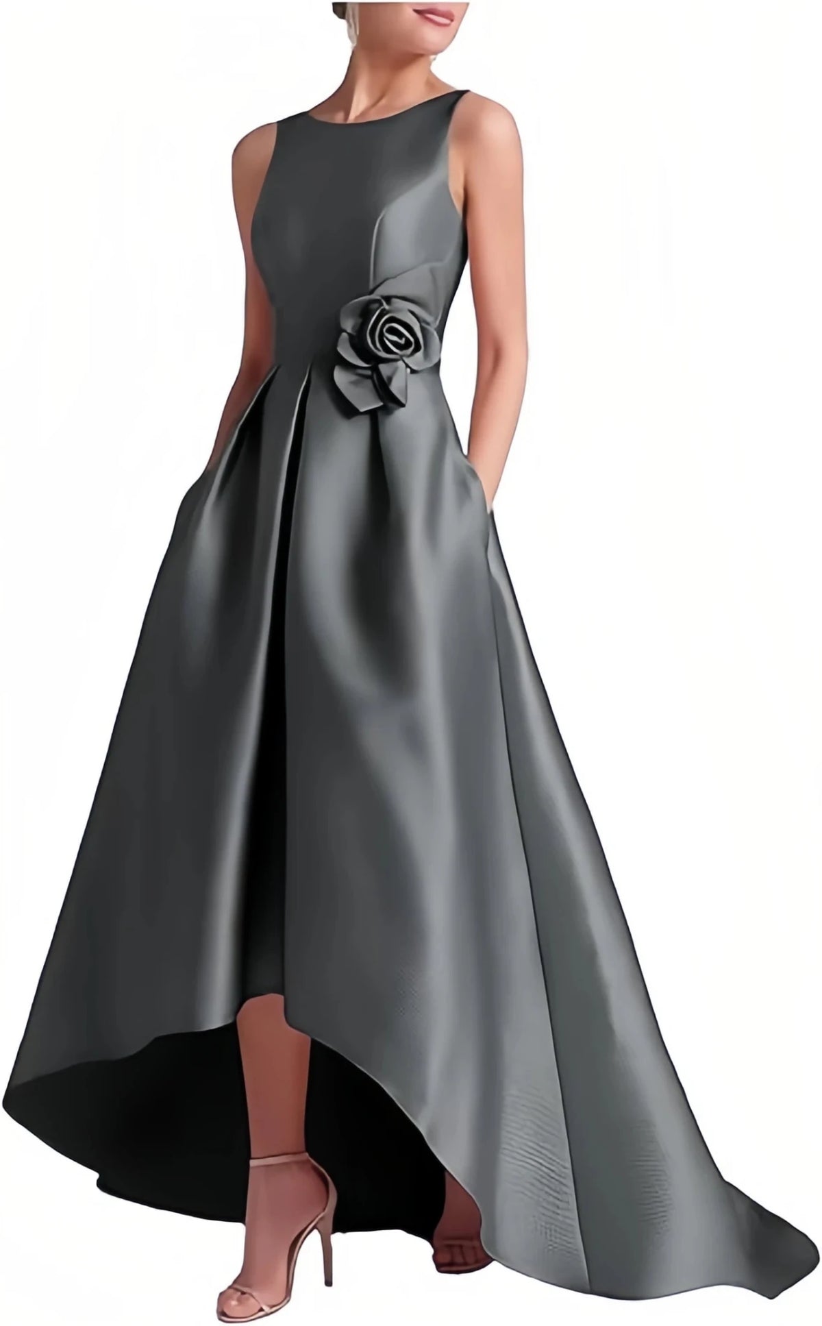 Satin Hi-Low Crew-Neck Mother of the Bride Dress with Pockets - Luzilly Bridal & Apparel