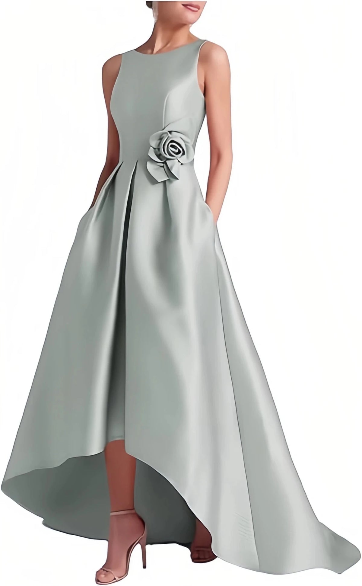 Satin Hi-Low Crew-Neck Mother of the Bride Dress with Pockets - Luzilly Bridal & Apparel