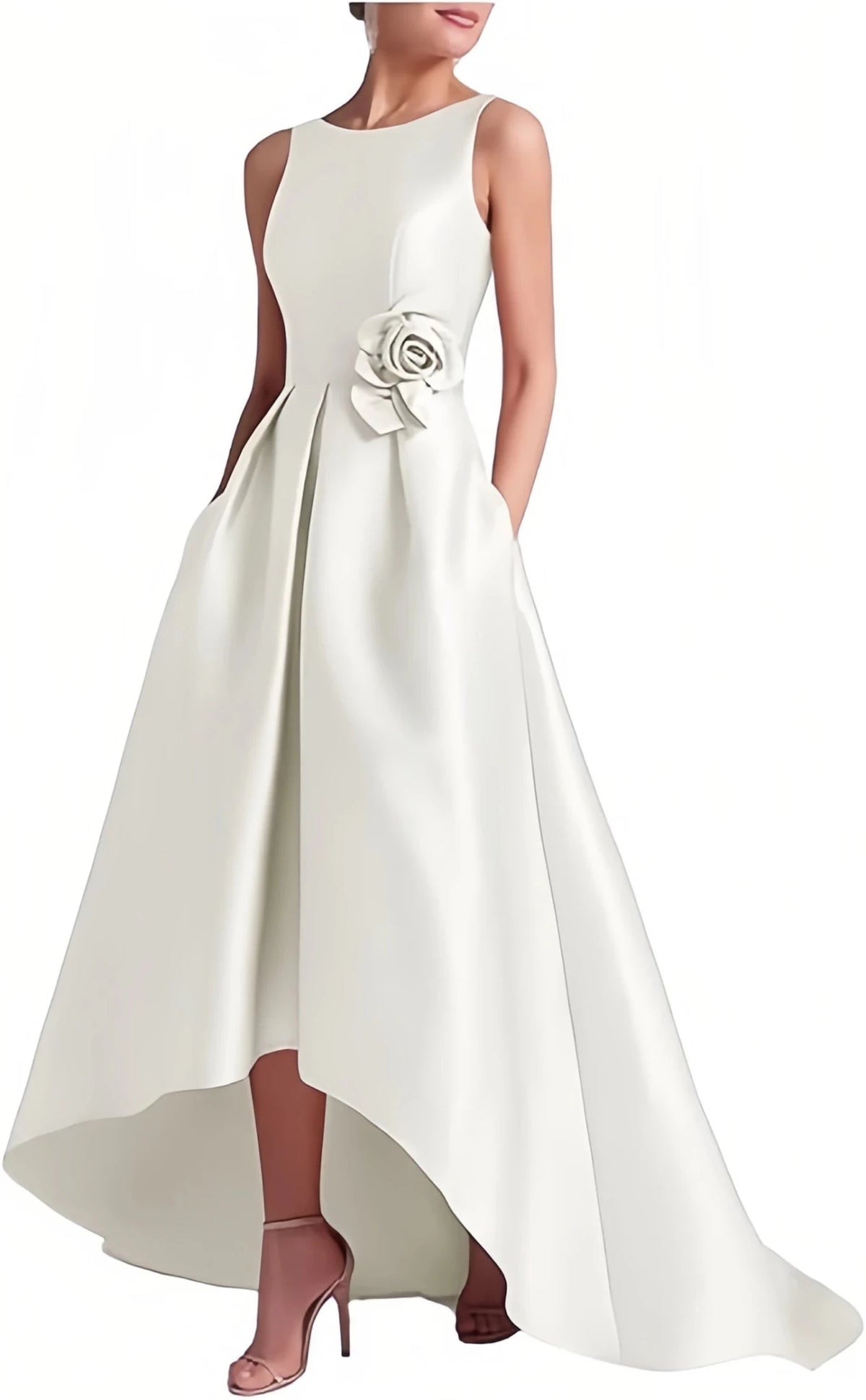 Satin Hi-Low Crew-Neck Mother of the Bride Dress with Pockets - Luzilly Bridal & Apparel