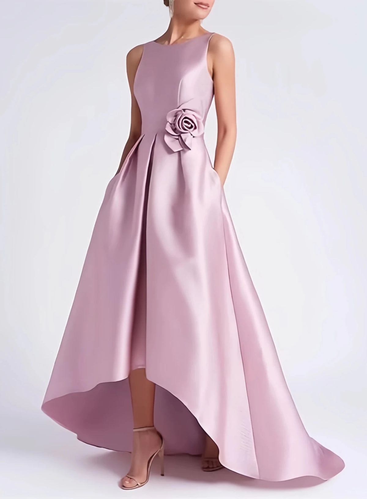 Satin Hi-Low Crew-Neck Mother of the Bride Dress with Pockets - Luzilly Bridal & Apparel