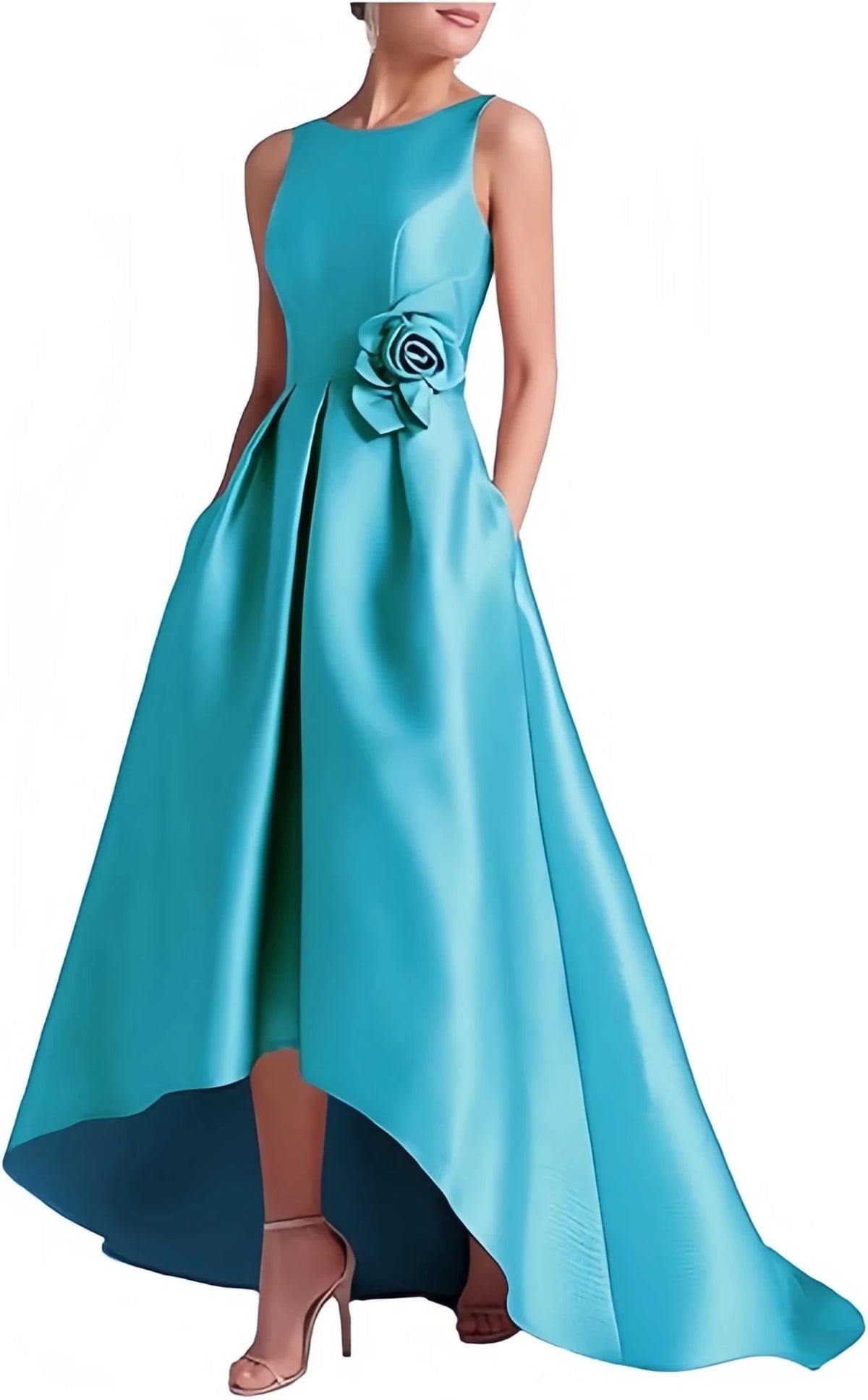 Satin Hi-Low Crew-Neck Mother of the Bride Dress with Pockets - Luzilly Bridal & Apparel