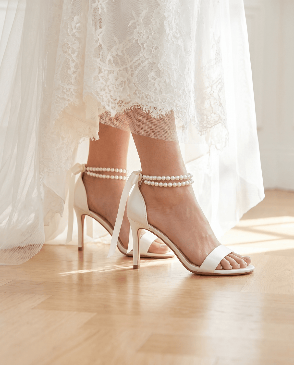 Satin High Heel Wedding Sandals with Double Pearls Ankle Strap - Luzilly Bridal & Apparel