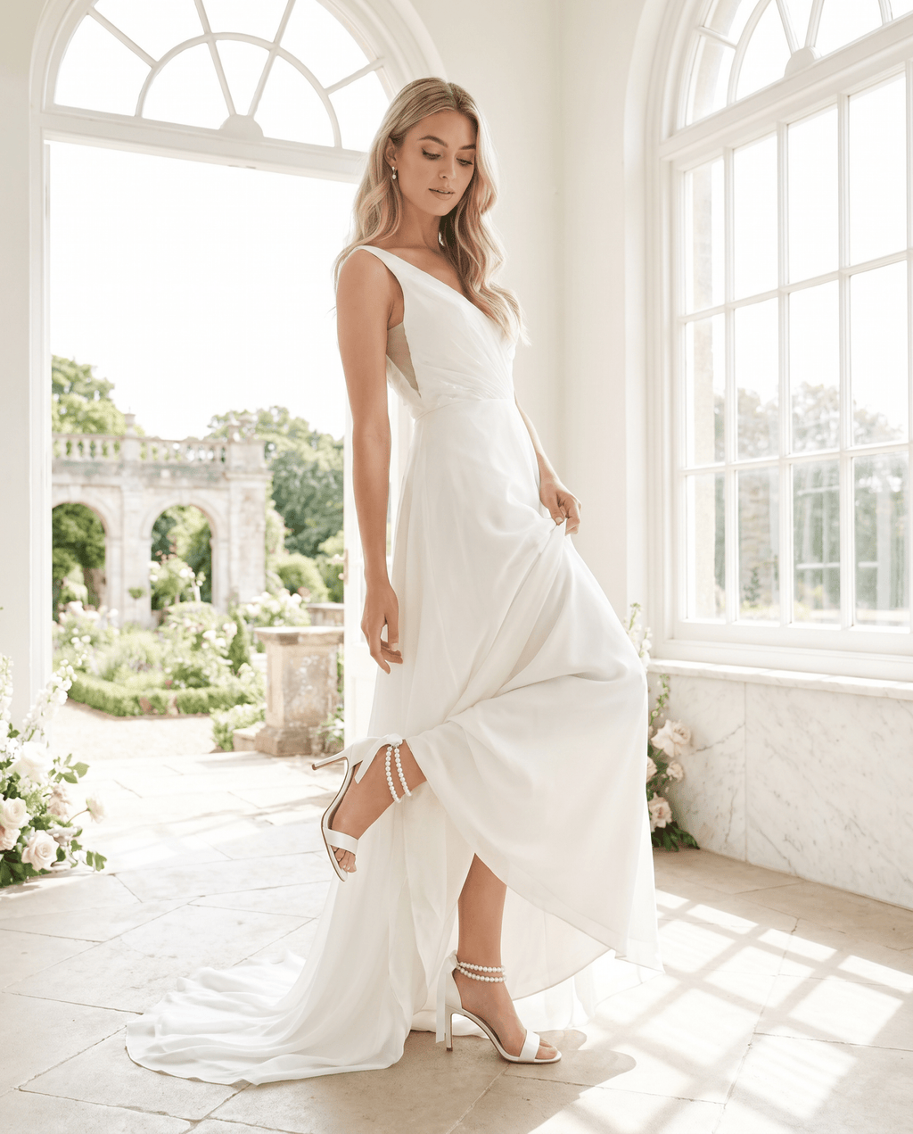 Satin High Heel Wedding Sandals with Double Pearls Ankle Strap - Luzilly Bridal & Apparel