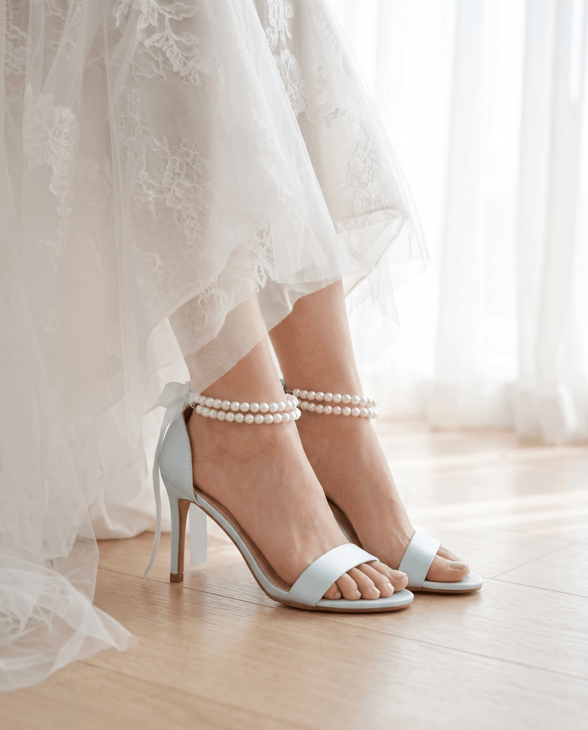 Satin High Heel Wedding Sandals with Double Pearls Ankle Strap - Luzilly Bridal & Apparel