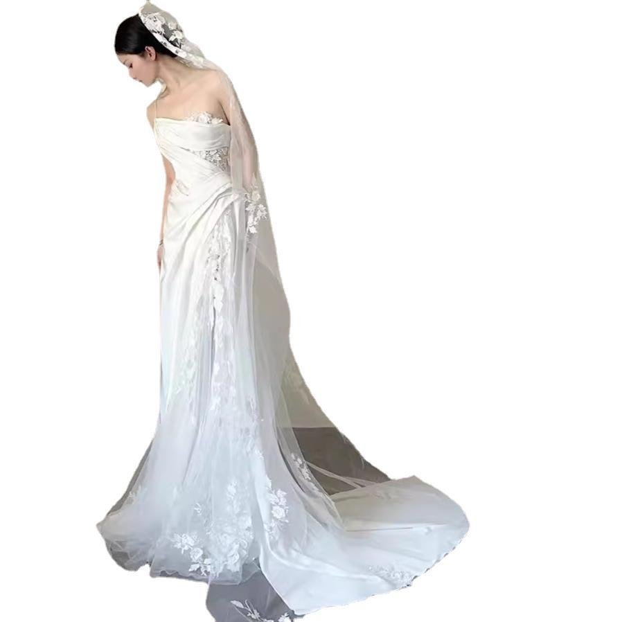 Satin Lace Wedding Veil Tube Top Fishtail Wedding Dress - Luzilly Bridal & Apparel