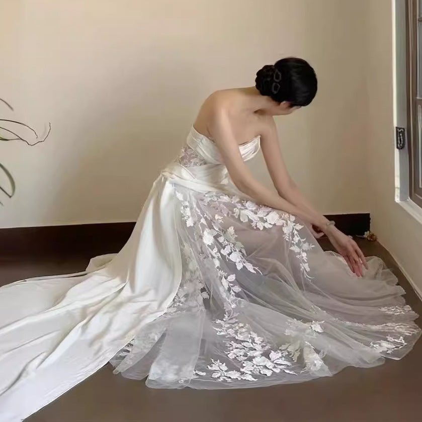 Satin Lace Wedding Veil Tube Top Fishtail Wedding Dress - Luzilly Bridal & Apparel