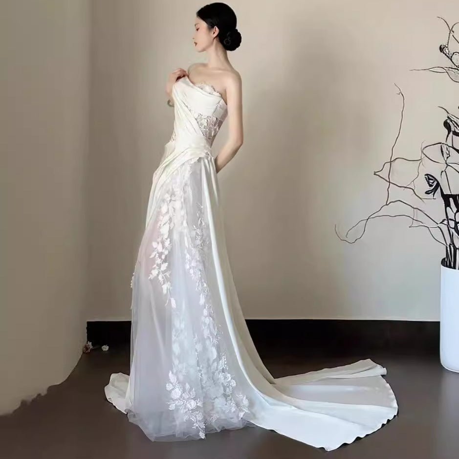 Satin Lace Wedding Veil Tube Top Fishtail Wedding Dress - Luzilly Bridal & Apparel