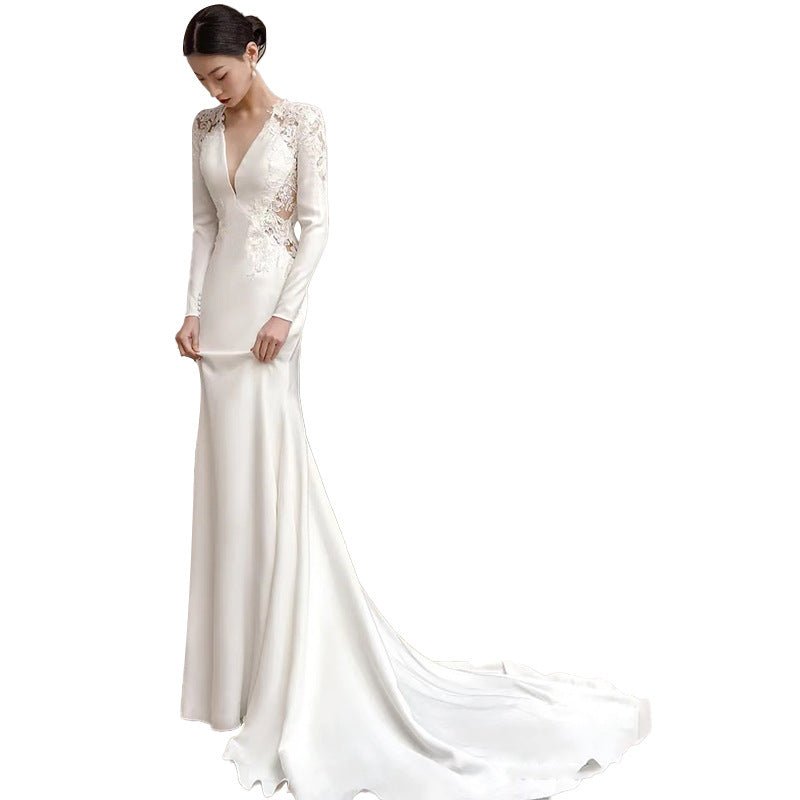 Satin Light Wedding Dress Long Sleeved Slim Fishtail Lace French - Luzilly Bridal & Apparel