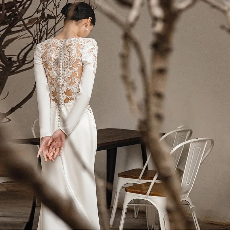 Satin Light Wedding Dress Long Sleeved Slim Fishtail Lace French - Luzilly Bridal & Apparel