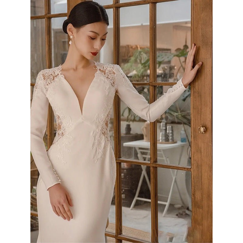 Satin Light Wedding Dress Long Sleeved Slim Fishtail Lace French - Luzilly Bridal & Apparel