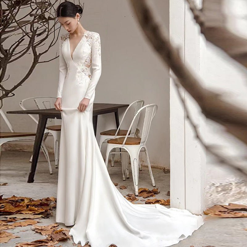 Satin Light Wedding Dress Long Sleeved Slim Fishtail Lace French - Luzilly Bridal & Apparel