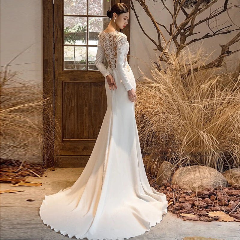 Satin Light Wedding Dress Long Sleeved Slim Fishtail Lace French - Luzilly Bridal & Apparel