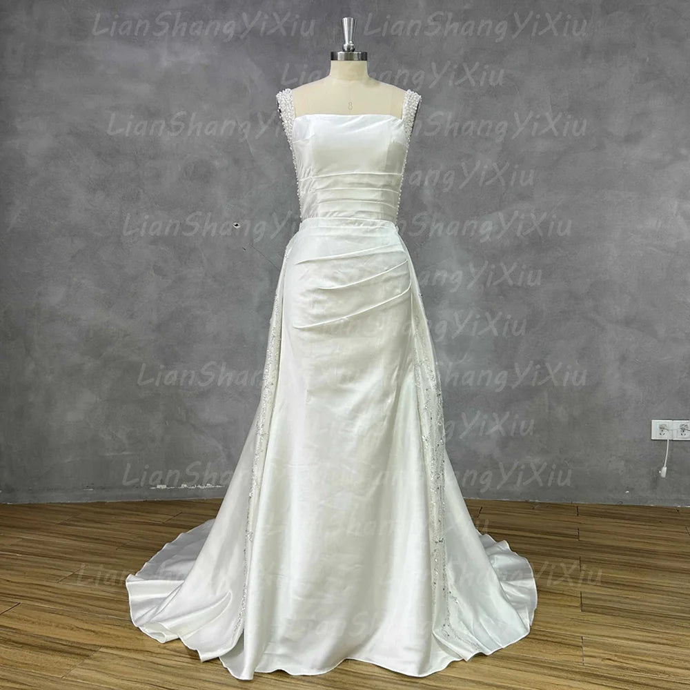 Satin Mermaid Wedding Gown with Beaded Straps & Detachable Overskirt - Luzilly Bridal & Apparel
