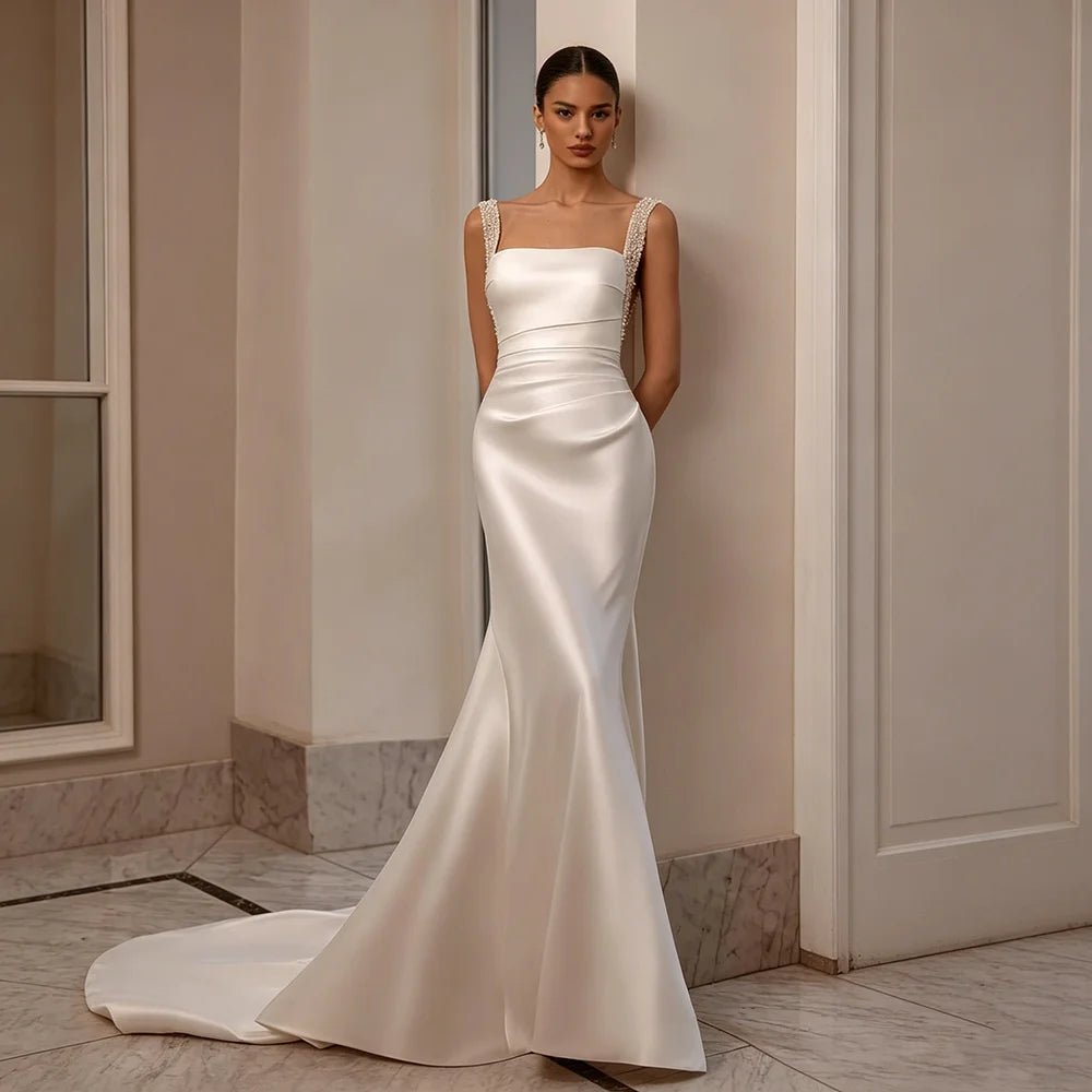 Satin Mermaid Wedding Gown with Beaded Straps & Detachable Overskirt - Luzilly Bridal & Apparel