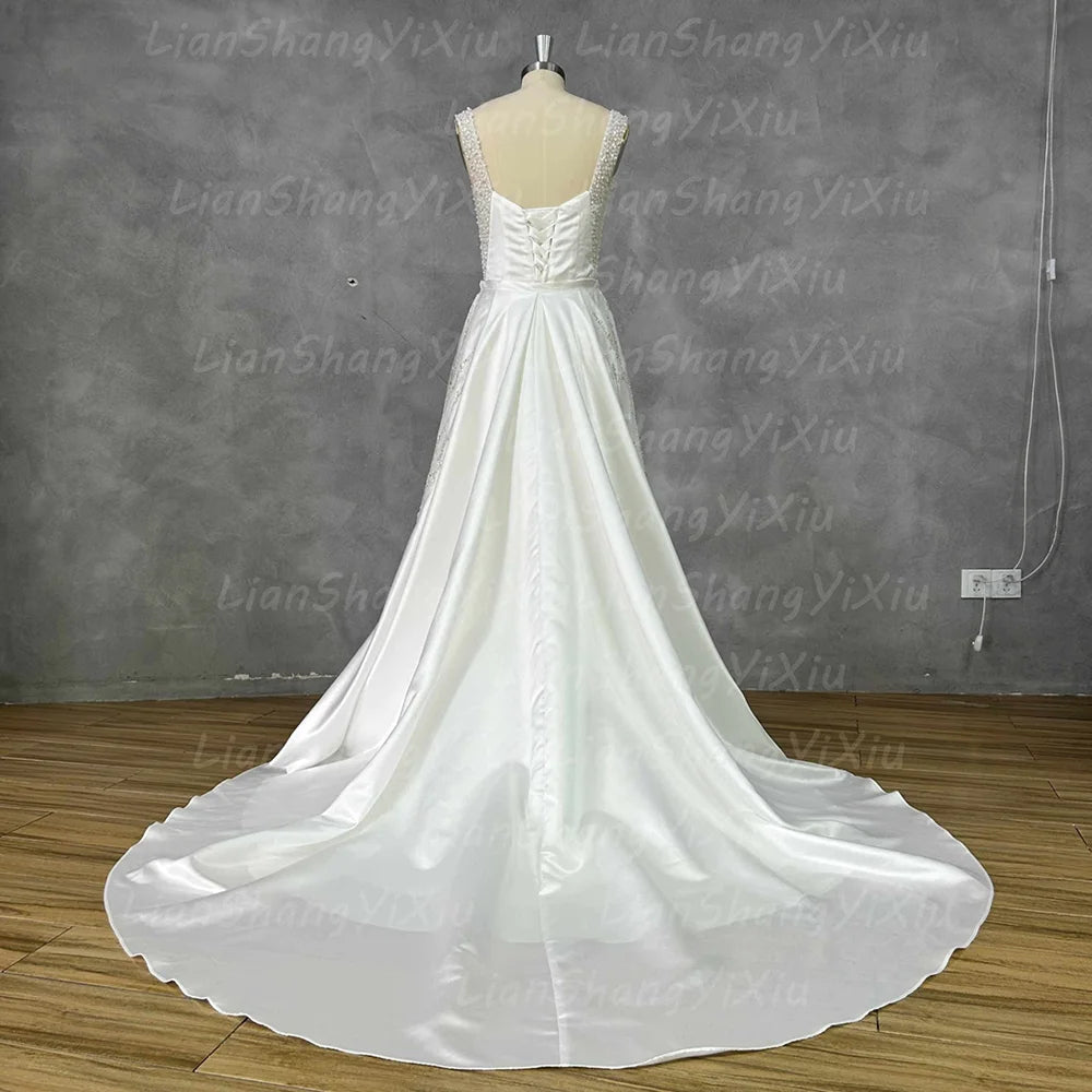 Satin Mermaid Wedding Gown with Beaded Straps & Detachable Overskirt - Luzilly Bridal & Apparel