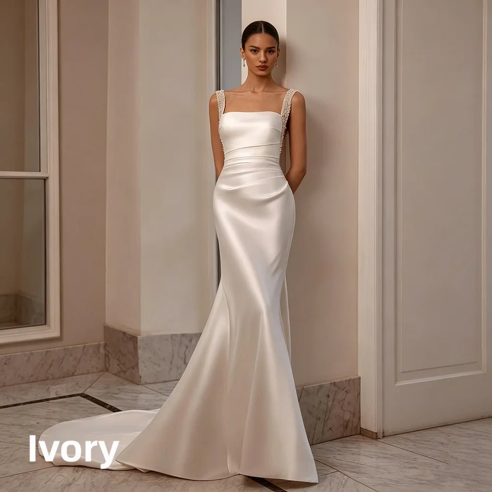 Satin Mermaid Wedding Gown with Beaded Straps & Detachable Overskirt - Luzilly Bridal & Apparel
