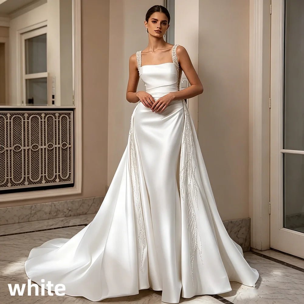 Satin Mermaid Wedding Gown with Beaded Straps & Detachable Overskirt - Luzilly Bridal & Apparel
